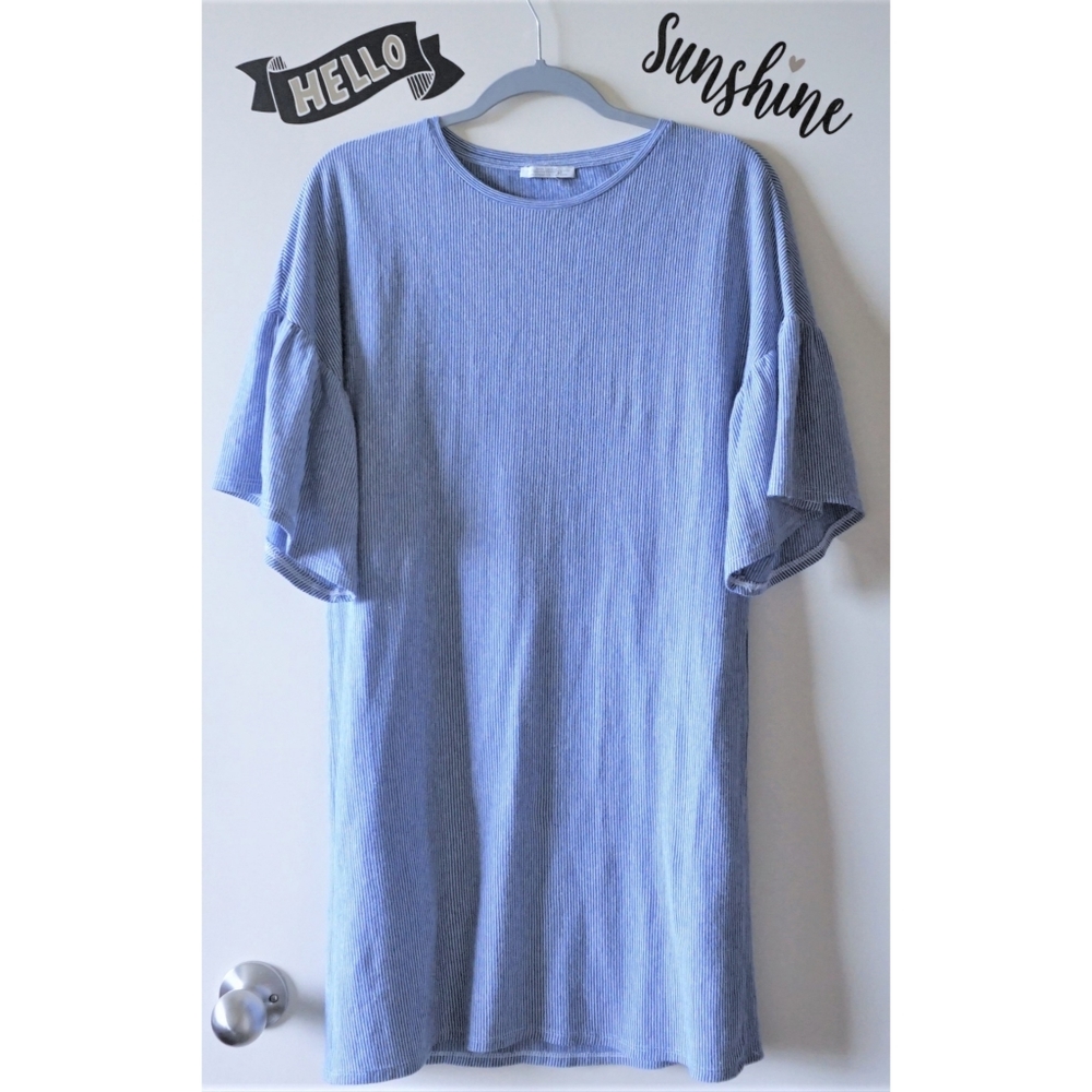 Zara Boxy Blue White Stripes Bell Sleeves Dress S